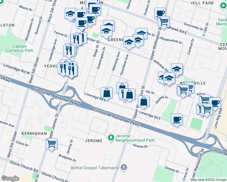 map of restaurants, bars, coffee shops, grocery stores, and more near 109 June Street in Hamilton