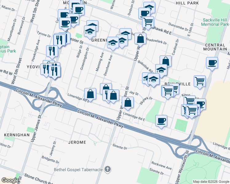 map of restaurants, bars, coffee shops, grocery stores, and more near 25 Bryna Avenue in Hamilton