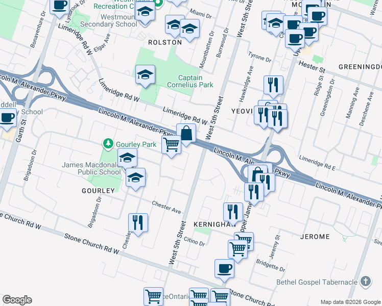 map of restaurants, bars, coffee shops, grocery stores, and more near 120 Springvalley Crescent in Hamilton