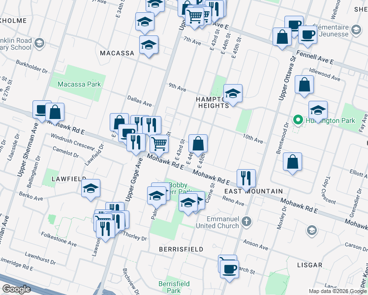 map of restaurants, bars, coffee shops, grocery stores, and more near 421 East 43rd Street in Hamilton