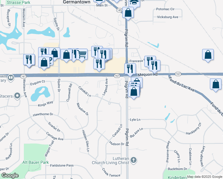 map of restaurants, bars, coffee shops, grocery stores, and more near N111W15833 Vienna Court in Germantown