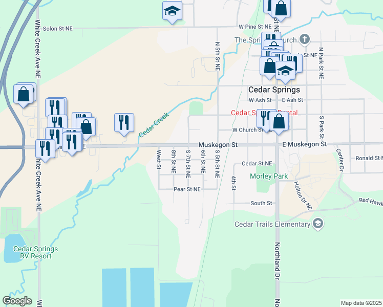 map of restaurants, bars, coffee shops, grocery stores, and more near 224 South 7th Street Northeast in Cedar Springs