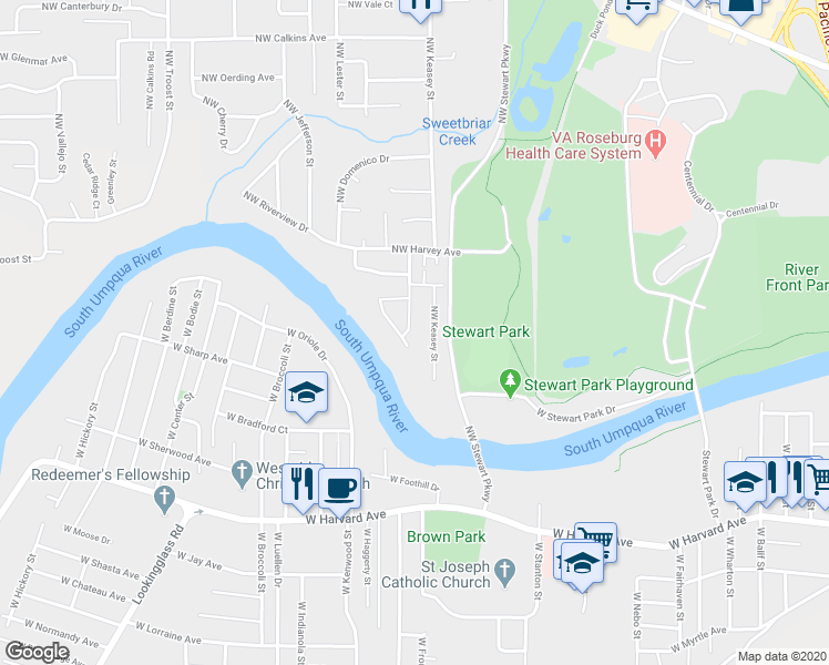 map of restaurants, bars, coffee shops, grocery stores, and more near 1031 Northwest Kring Street in Roseburg