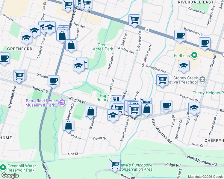 map of restaurants, bars, coffee shops, grocery stores, and more near 15 Charles Street in Hamilton