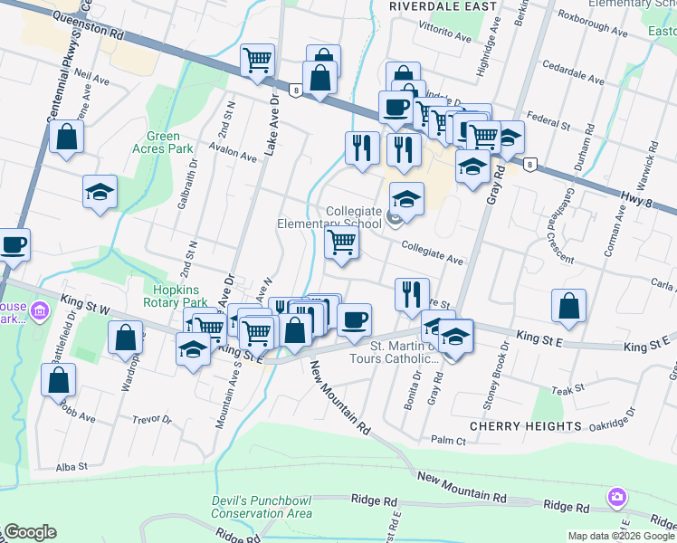 map of restaurants, bars, coffee shops, grocery stores, and more near 5 Passmore Street in Hamilton