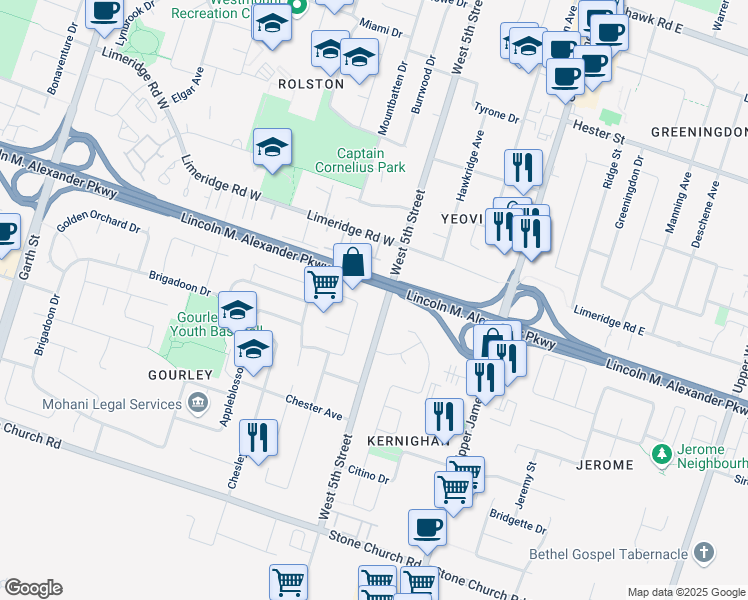 map of restaurants, bars, coffee shops, grocery stores, and more near 772 West 5th Street in Hamilton