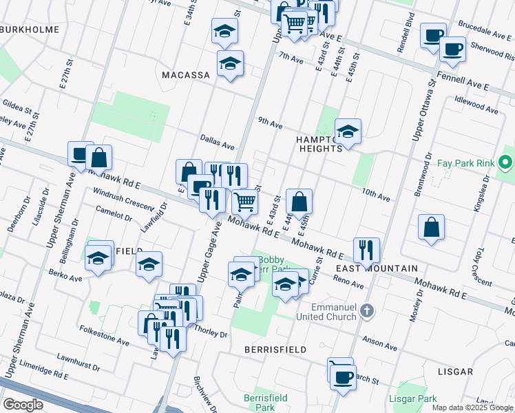 map of restaurants, bars, coffee shops, grocery stores, and more near 467 East 42nd Street in Hamilton