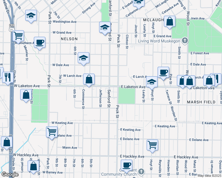 map of restaurants, bars, coffee shops, grocery stores, and more near 43 West Laketon Avenue in Muskegon