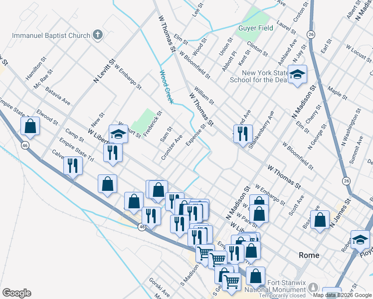 map of restaurants, bars, coffee shops, grocery stores, and more near 310-312 Expense Street in Rome