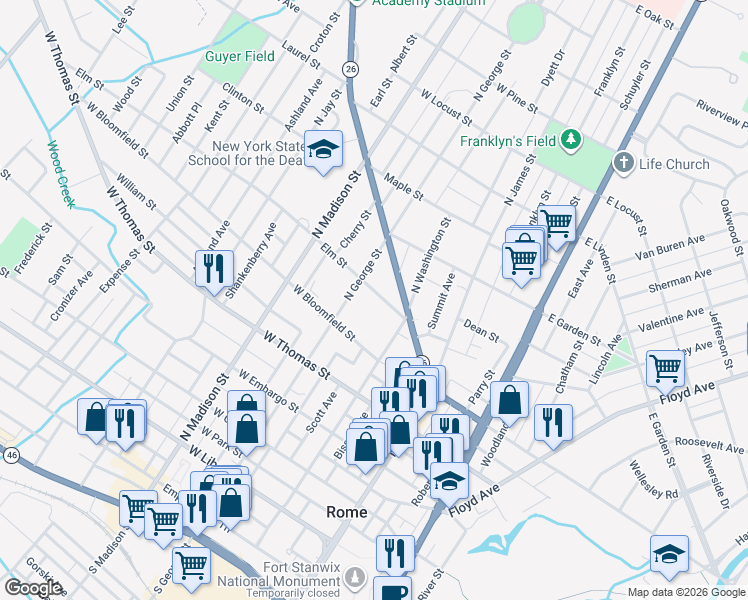 map of restaurants, bars, coffee shops, grocery stores, and more near 211 Elm Street in Rome