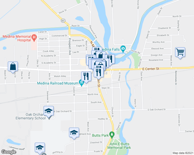 map of restaurants, bars, coffee shops, grocery stores, and more near 534 Main Street in Medina