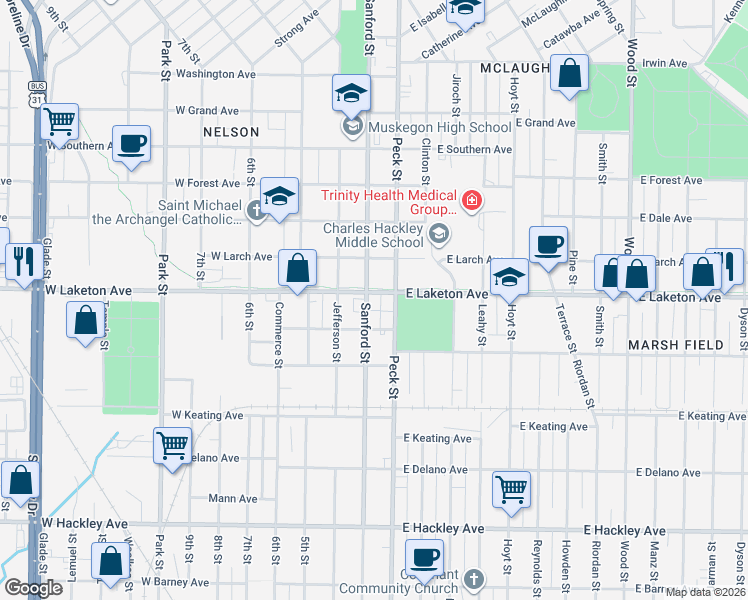 map of restaurants, bars, coffee shops, grocery stores, and more near 43 West Laketon Avenue in Muskegon
