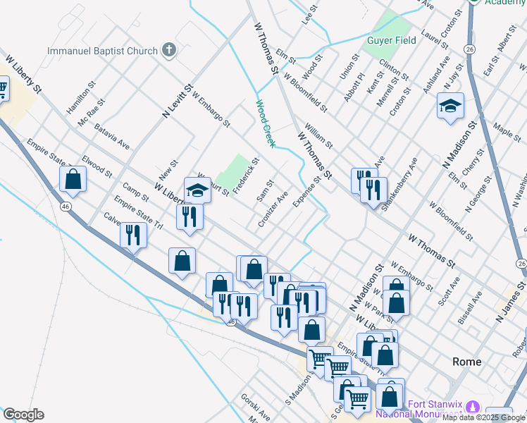 map of restaurants, bars, coffee shops, grocery stores, and more near 708 West Court Street in Rome