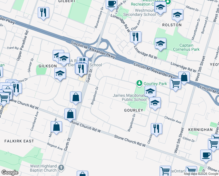 map of restaurants, bars, coffee shops, grocery stores, and more near 8 Gerrick Court in Hamilton