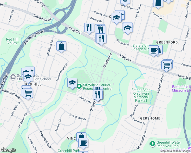map of restaurants, bars, coffee shops, grocery stores, and more near 26 Quigley Road in Hamilton
