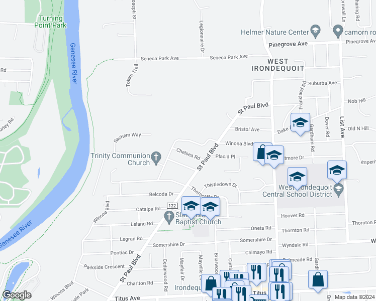 map of restaurants, bars, coffee shops, grocery stores, and more near 42 Chelsea Road in Irondequoit