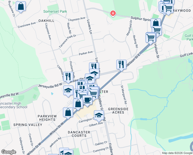 map of restaurants, bars, coffee shops, grocery stores, and more near 4 Jerseyville Road East in Hamilton