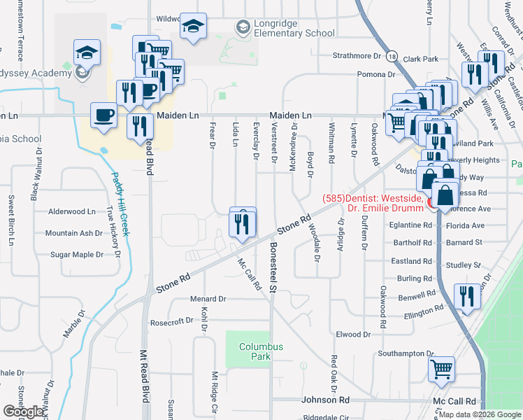 map of restaurants, bars, coffee shops, grocery stores, and more near 66 Everclay Drive in Rochester