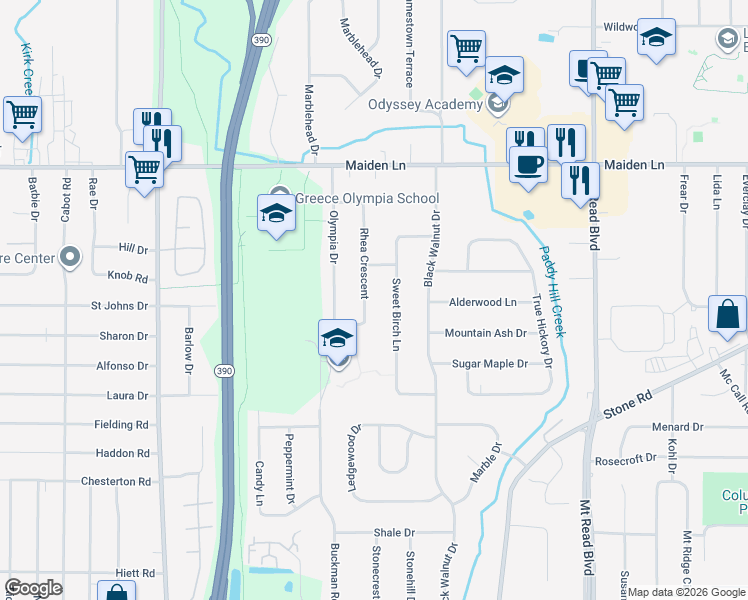 map of restaurants, bars, coffee shops, grocery stores, and more near 196 Rhea Crescent in Rochester
