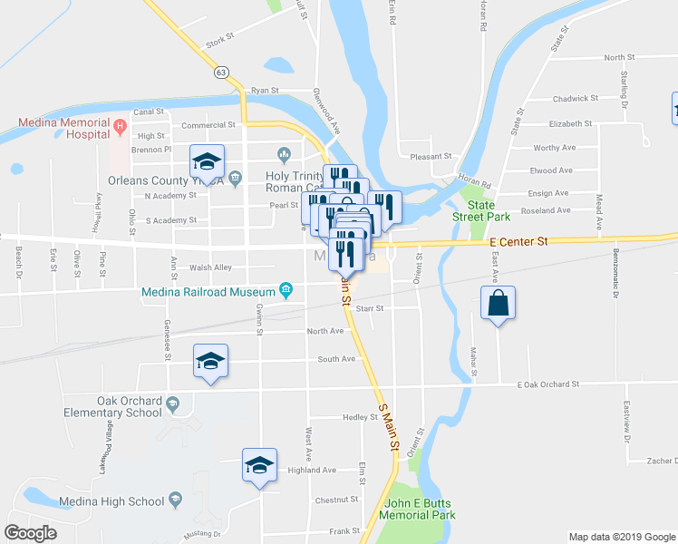map of restaurants, bars, coffee shops, grocery stores, and more near 530 Main Street in Medina