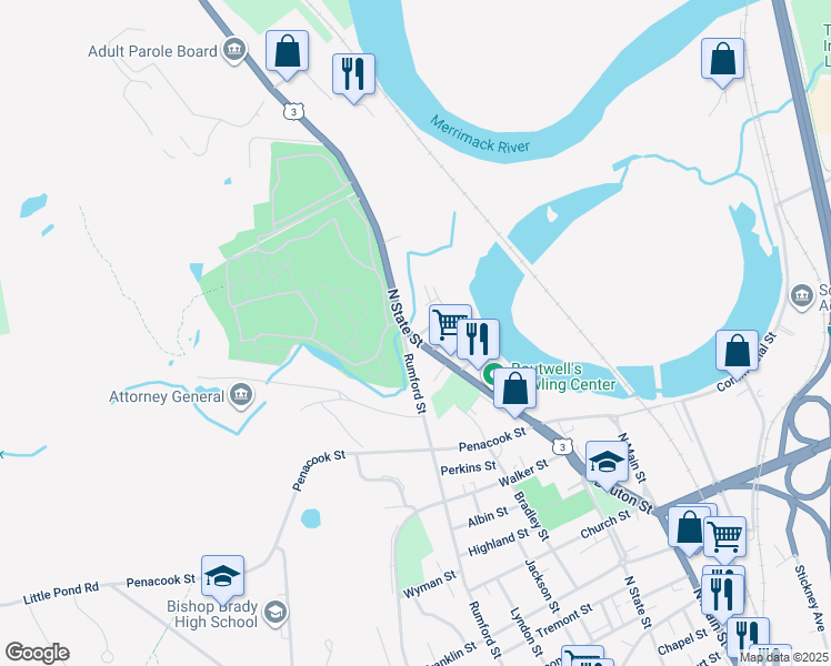 map of restaurants, bars, coffee shops, grocery stores, and more near 180 North State Street in Concord