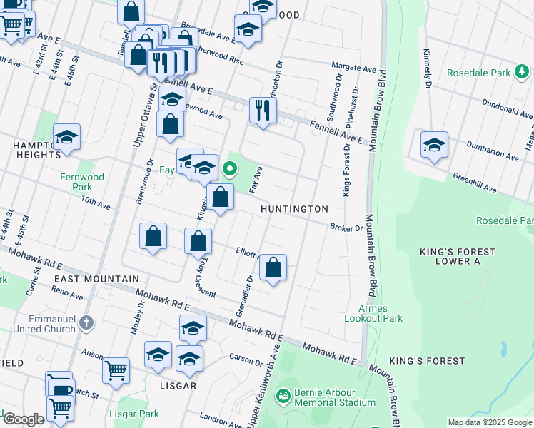 map of restaurants, bars, coffee shops, grocery stores, and more near 4 Grenadier Drive in Hamilton