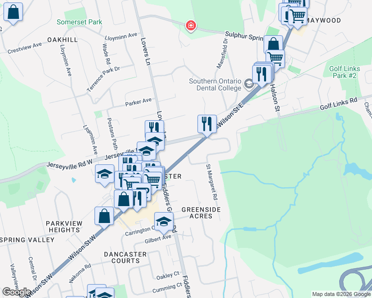 map of restaurants, bars, coffee shops, grocery stores, and more near 51 Wilson Street East in Hamilton