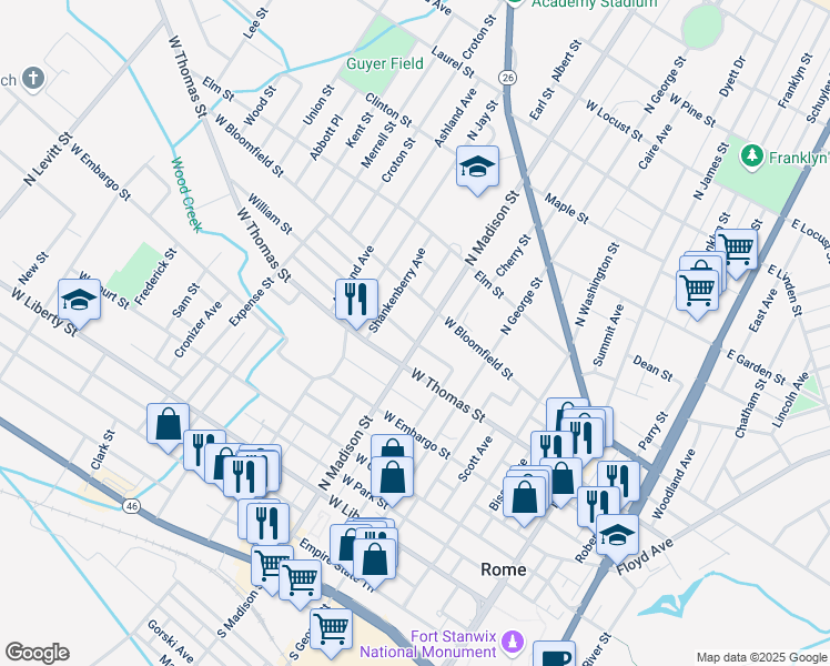 map of restaurants, bars, coffee shops, grocery stores, and more near 509 N Madison St in Rome