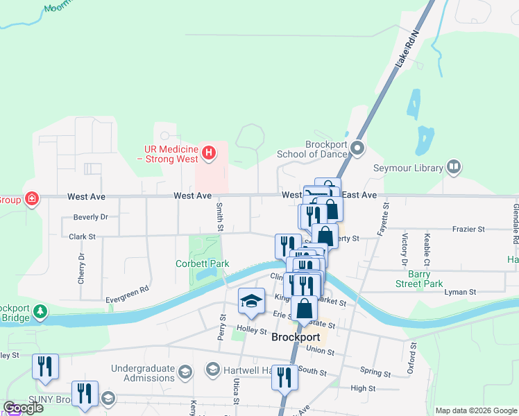map of restaurants, bars, coffee shops, grocery stores, and more near 91 West Avenue in Brockport