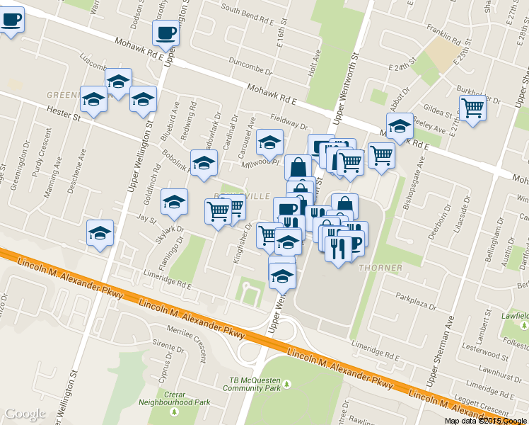 map of restaurants, bars, coffee shops, grocery stores, and more near 15 Finch Place in Hamilton