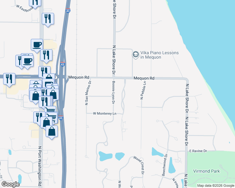 map of restaurants, bars, coffee shops, grocery stores, and more near 11107 North Wyngate Trace in Mequon