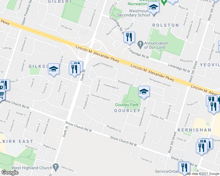 map of restaurants, bars, coffee shops, grocery stores, and more near 251 Duncairn Crescent in Hamilton