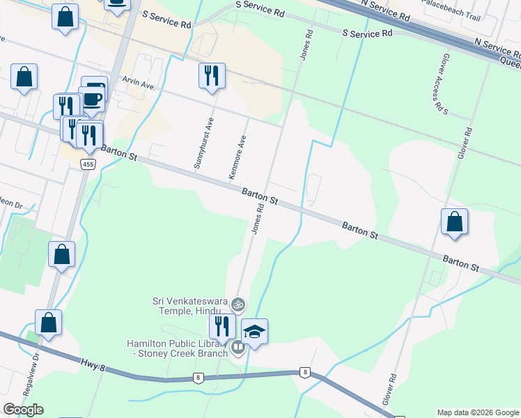map of restaurants, bars, coffee shops, grocery stores, and more near Jones Road in Hamilton