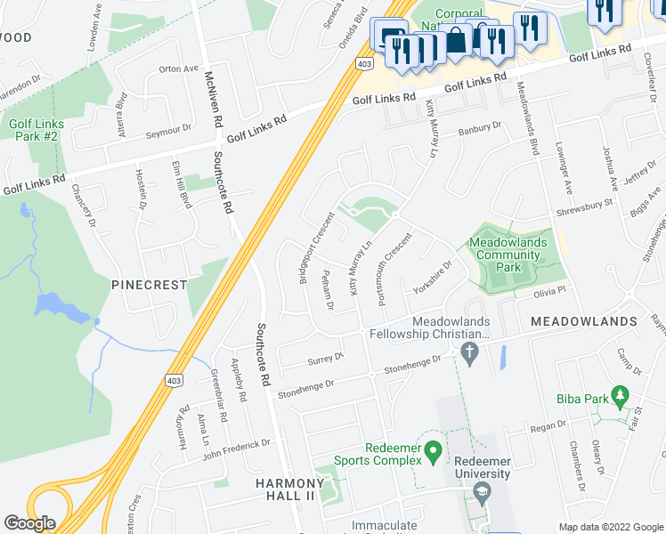 map of restaurants, bars, coffee shops, grocery stores, and more near 11 Cabriolet Crescent in Hamilton