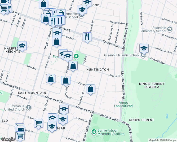 map of restaurants, bars, coffee shops, grocery stores, and more near 4 Grenadier Drive in Hamilton