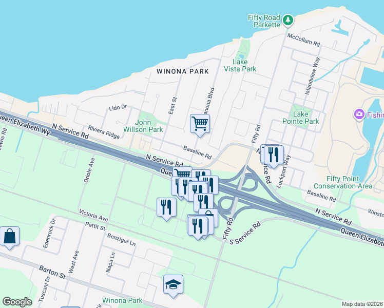 map of restaurants, bars, coffee shops, grocery stores, and more near 1332 Base Line Road in Hamilton