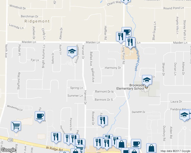 map of restaurants, bars, coffee shops, grocery stores, and more near 339 Ballad Avenue in Rochester
