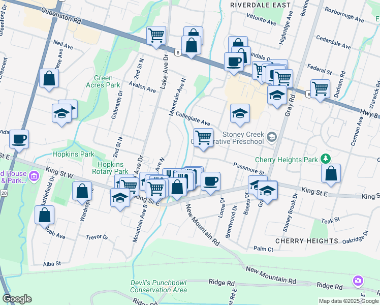 map of restaurants, bars, coffee shops, grocery stores, and more near 46 Bland Avenue in Hamilton