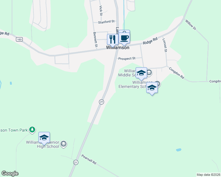 map of restaurants, bars, coffee shops, grocery stores, and more near 6052 State Route 21 in Williamson