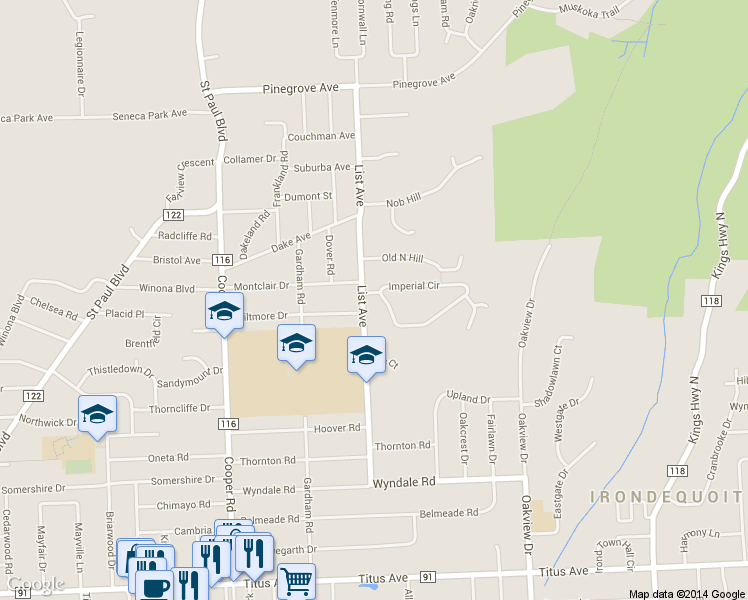 map of restaurants, bars, coffee shops, grocery stores, and more near 23 Imperial Circle in Rochester