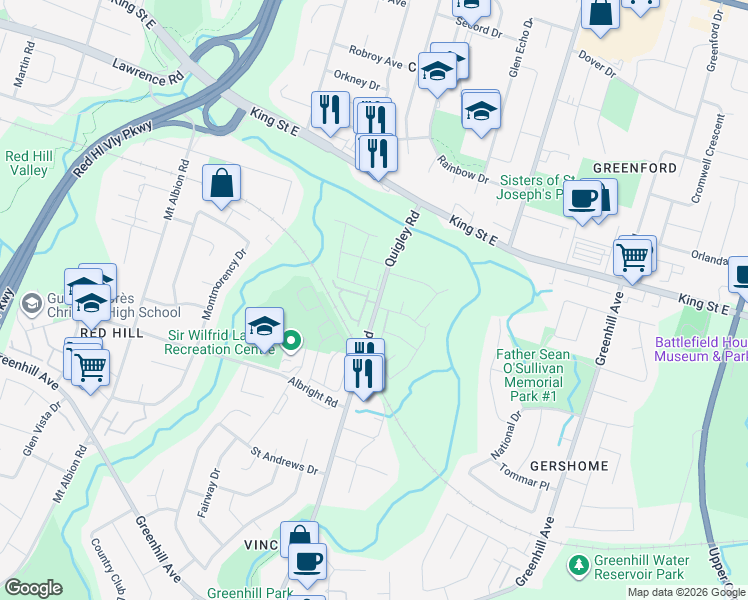 map of restaurants, bars, coffee shops, grocery stores, and more near 26 Quigley Road in Hamilton