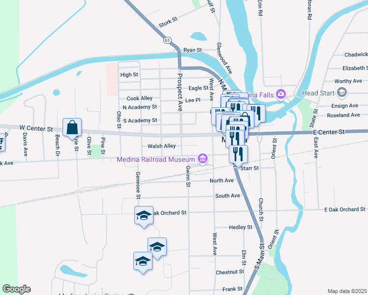 map of restaurants, bars, coffee shops, grocery stores, and more near 513 Walsh Alley in Medina