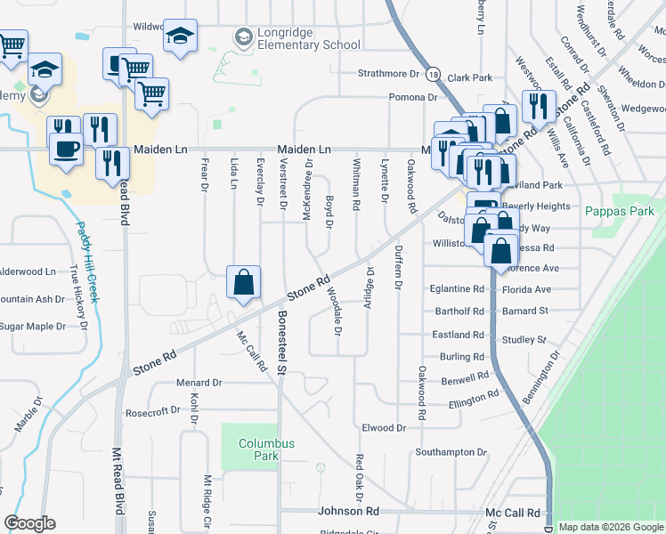 map of restaurants, bars, coffee shops, grocery stores, and more near 888 Stone Road in Rochester