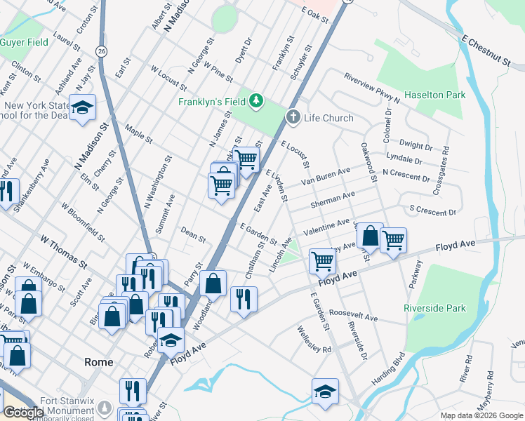 map of restaurants, bars, coffee shops, grocery stores, and more near 808 East Avenue in Rome