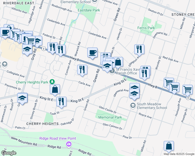map of restaurants, bars, coffee shops, grocery stores, and more near 144 Green Road in Hamilton