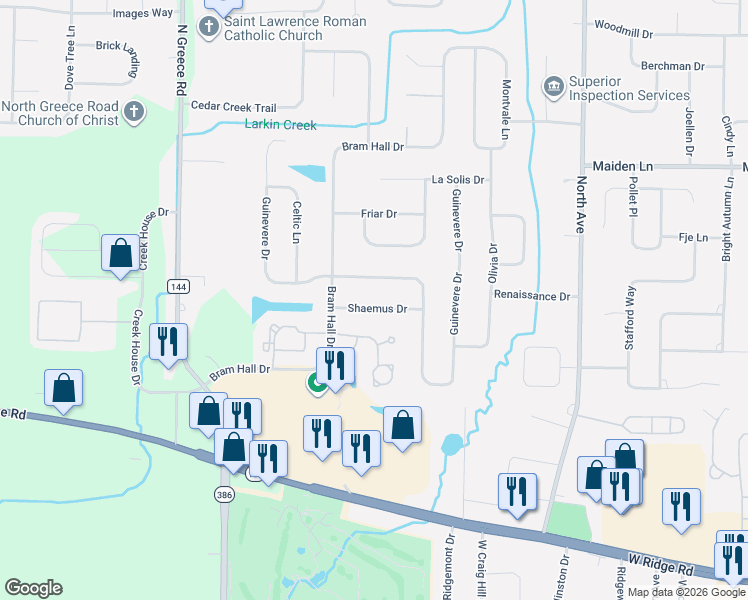 map of restaurants, bars, coffee shops, grocery stores, and more near 114 Shaemus Drive in Rochester