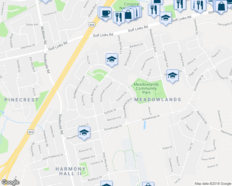map of restaurants, bars, coffee shops, grocery stores, and more near 27 Hackney Court in Hamilton