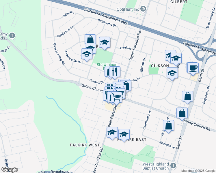 map of restaurants, bars, coffee shops, grocery stores, and more near 700 Stone Church Road West in Hamilton