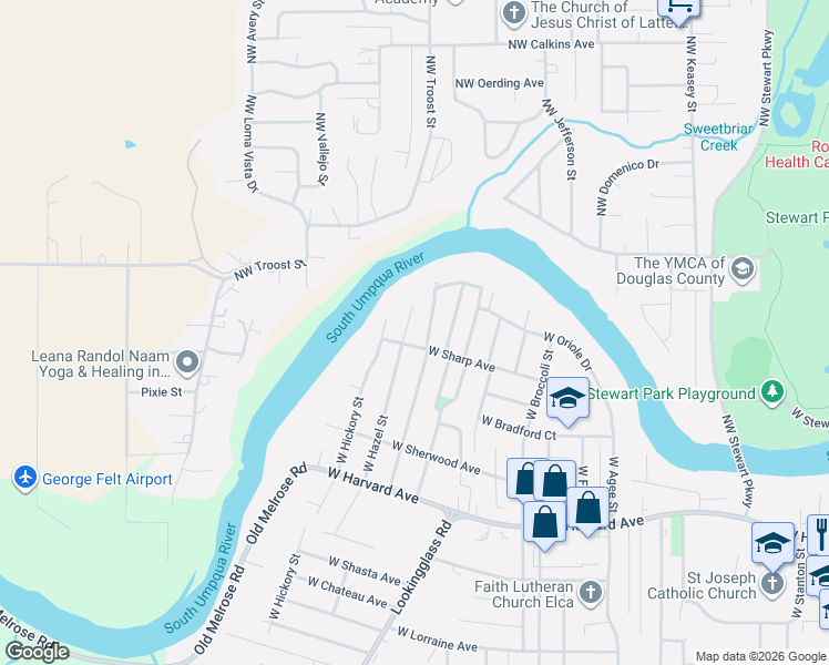 map of restaurants, bars, coffee shops, grocery stores, and more near 169 West Hazel Street in Roseburg