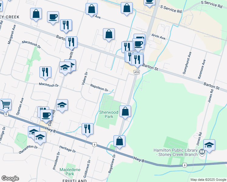map of restaurants, bars, coffee shops, grocery stores, and more near 43 Napoleon Drive in Hamilton